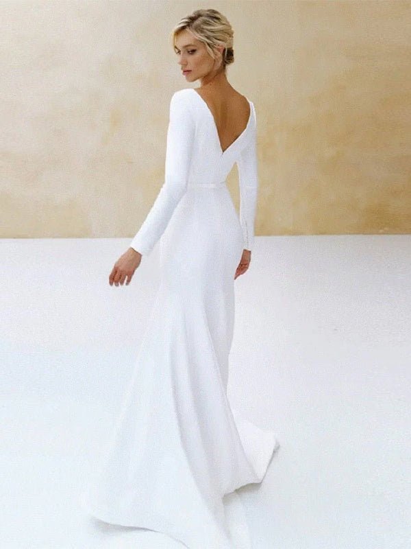 Mermaid Scoop Neck V Back Satin Wedding Dress - Curvevia