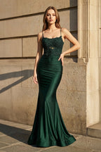 Mermaid Spaghetti Straps Dark Green Long Prom Dress with Appliques - Curvevia