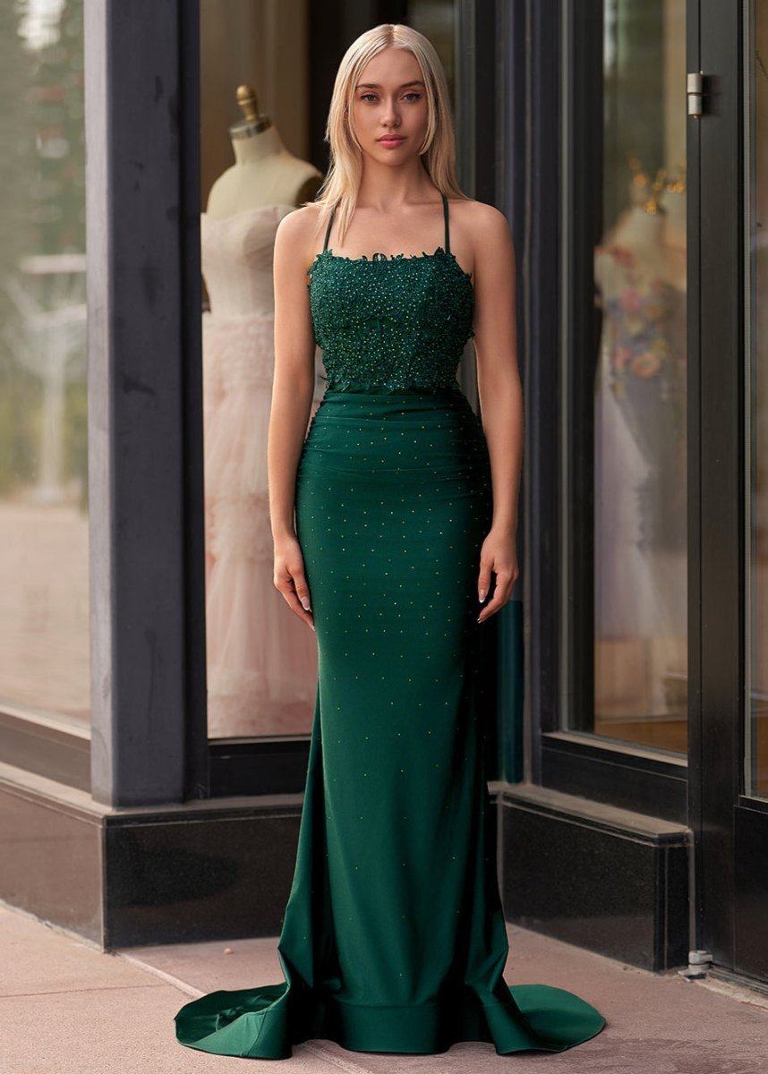 Mermaid Spaghetti Straps Dark Green Long Prom Dress with Appliques - Curvevia