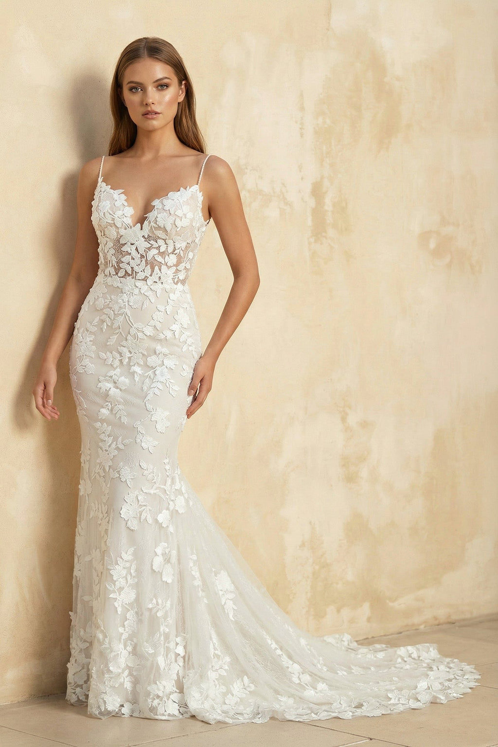Mermaid Spaghetti Straps V-neck Lace Wedding Dresses - Curvevia