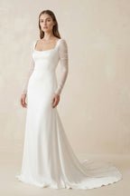Square Neck Long Sleeves White Satin Wedding Dresses - Curvevia