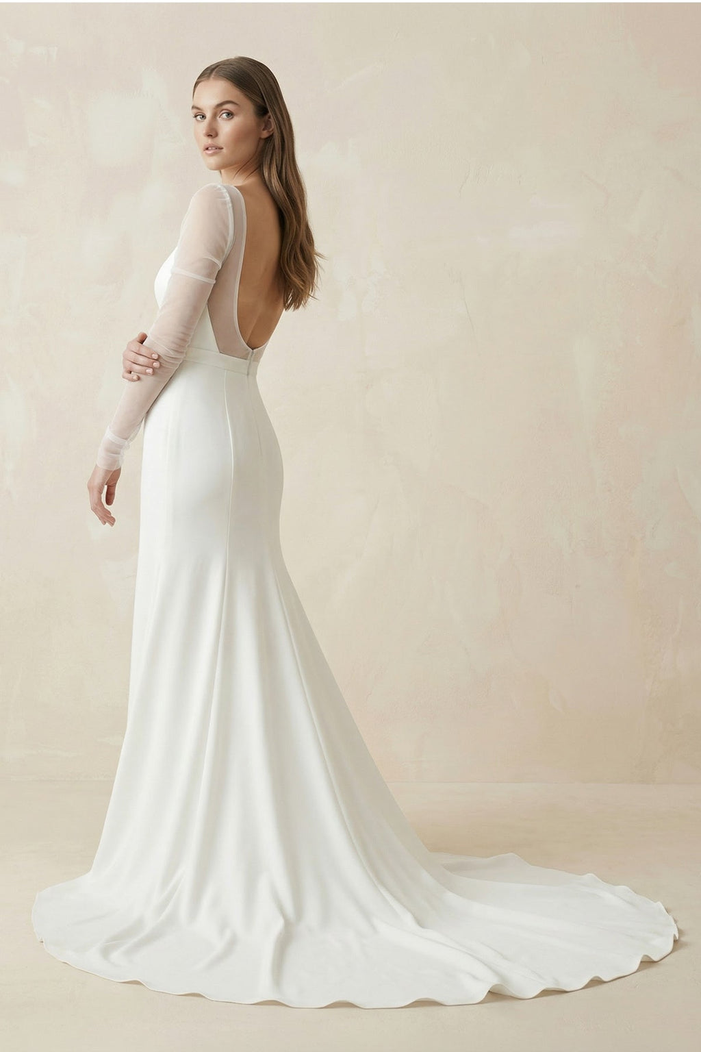 Square Neck Long Sleeves White Satin Wedding Dresses - Curvevia