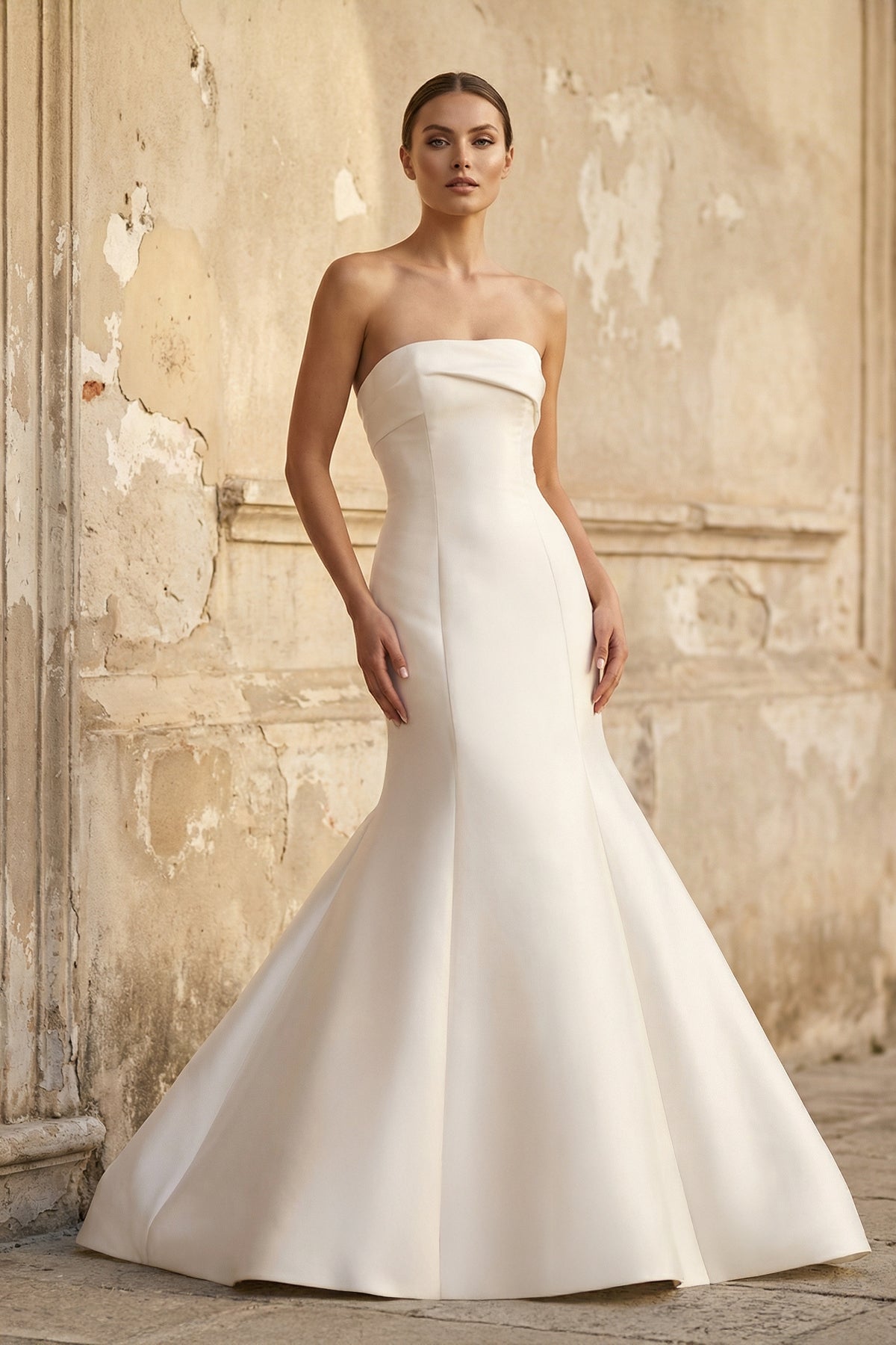 Elegant Mermaid Strapless Satin Sleeveless Wedding Dresses - Curvevia