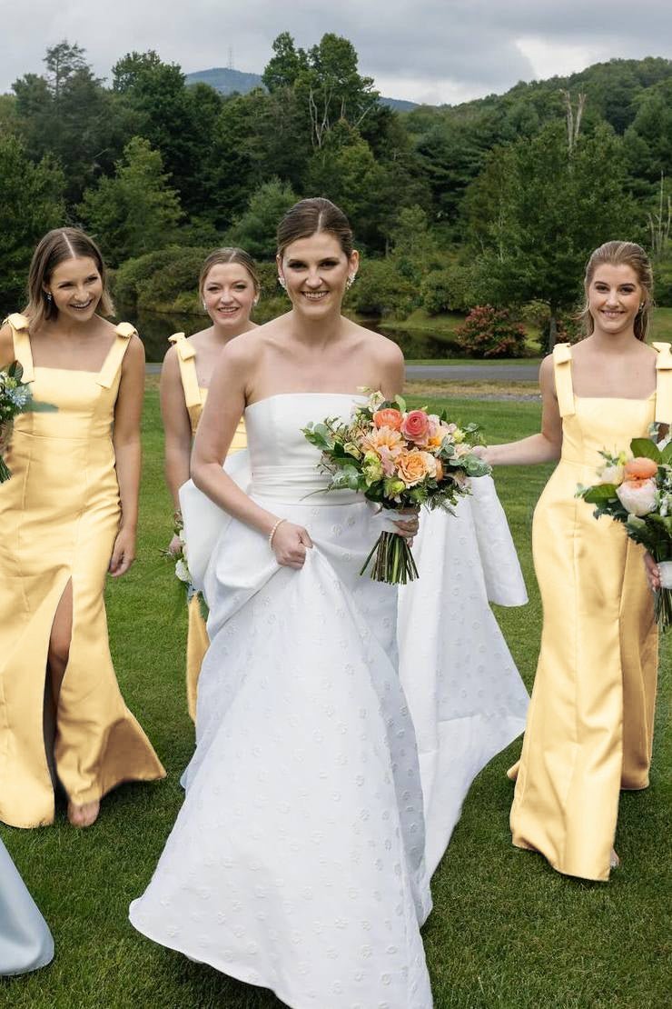 Mermaid Straps Bows Pleats Satin Sleeveless Long Bridesmaid Dress with Slit - Curvevia