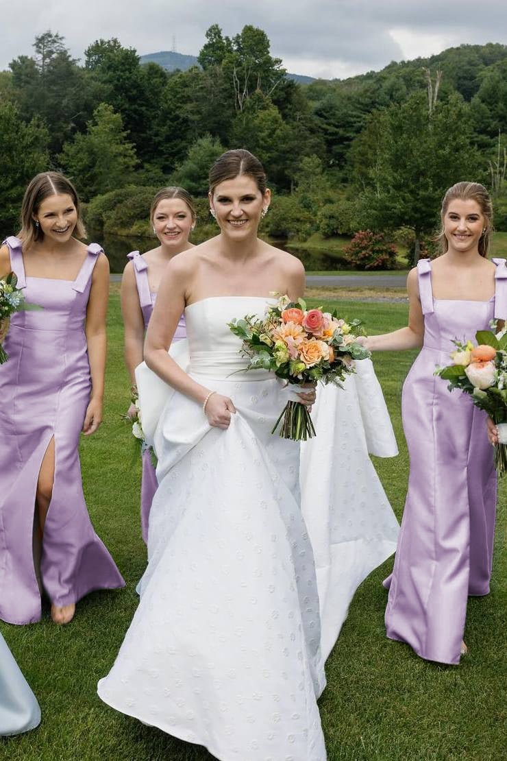Mermaid Straps Bows Pleats Satin Sleeveless Long Bridesmaid Dress with Slit - Curvevia