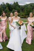 Mermaid Straps Bows Pleats Satin Sleeveless Long Bridesmaid Dress with Slit - Curvevia