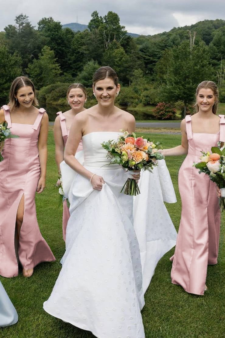 Mermaid Straps Bows Pleats Satin Sleeveless Long Bridesmaid Dress with Slit - Curvevia