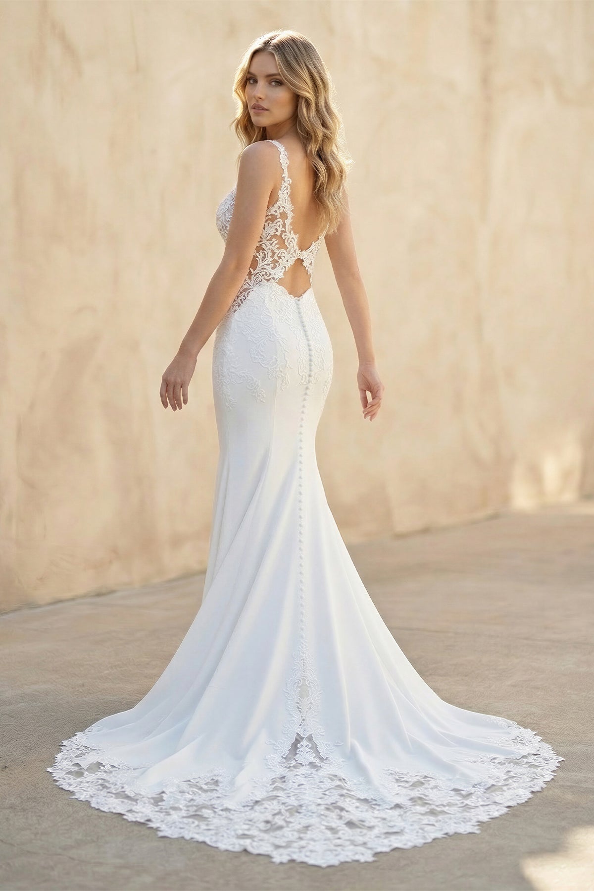 Lace Straps Sweep Train Mermaid White Wedding Dress - Curvevia