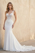 Lace Straps Sweep Train Mermaid White Wedding Dress - Curvevia