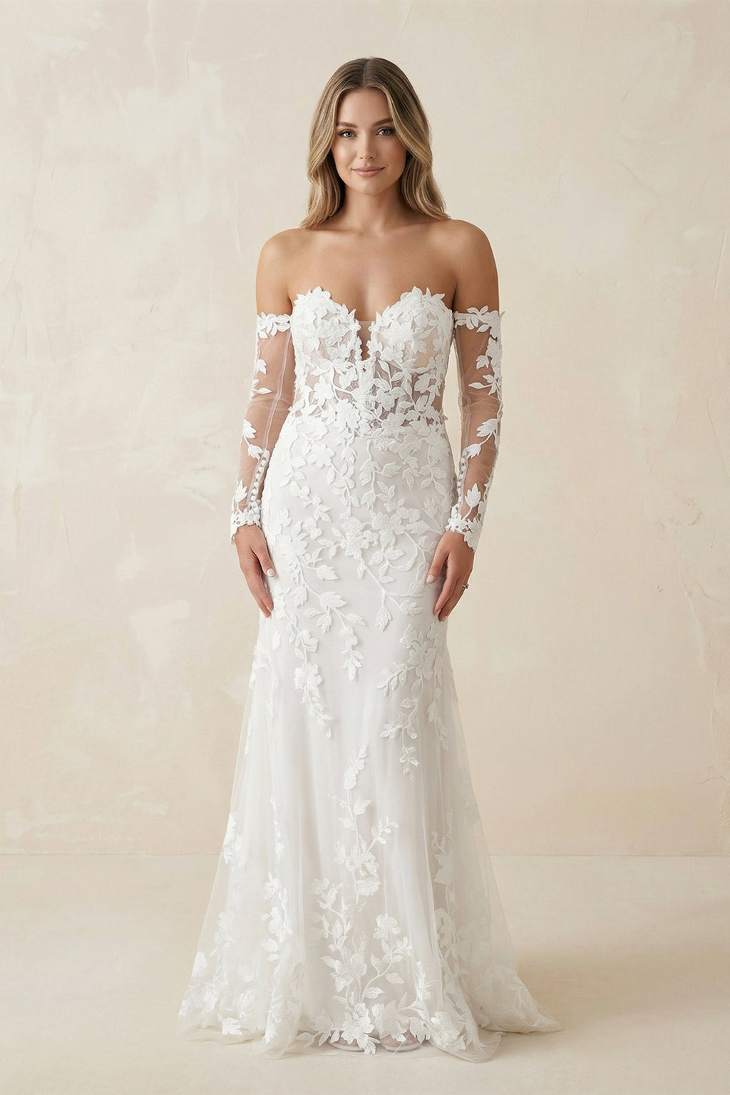 Mermaid Sweetheart Tulle Appliques Wedding Dresses with Sleeves - Curvevia
