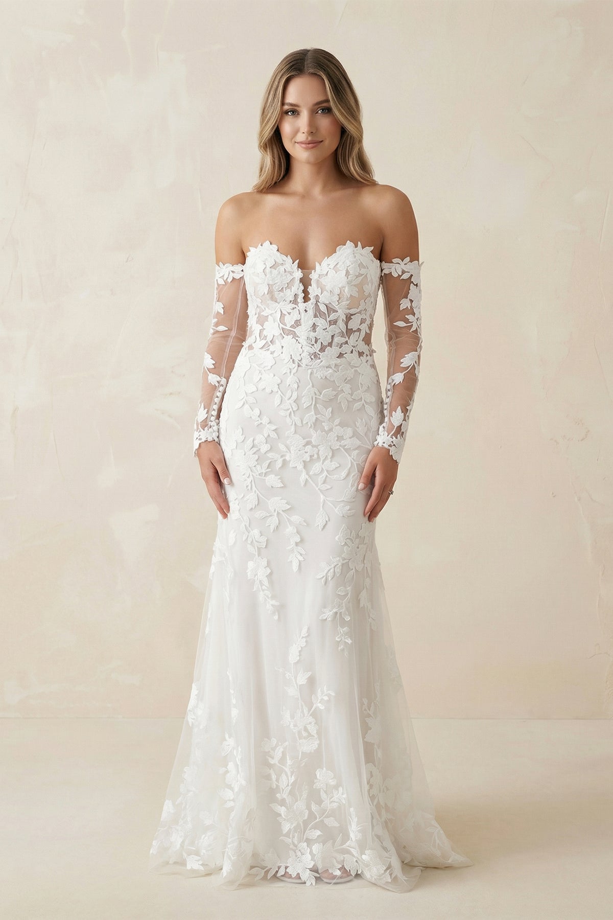 Mermaid Sweetheart Tulle Appliques Wedding Dresses with Sleeves - Curvevia