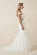 Sexy Mermaid Lace and Tulle Appliqued Cap Sleeve Bridal Gown - Curvevia