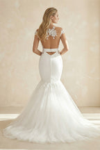 Sexy Mermaid Lace and Tulle Appliqued Cap Sleeve Bridal Gown - Curvevia