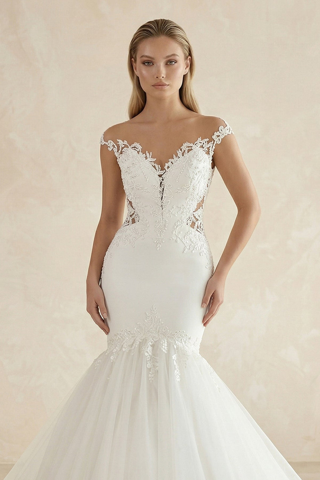 Sexy Mermaid Lace and Tulle Appliqued Cap Sleeve Bridal Gown - Curvevia