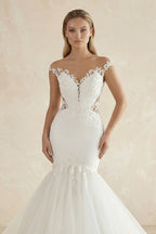 Sexy Mermaid Lace and Tulle Appliqued Cap Sleeve Bridal Gown - Curvevia