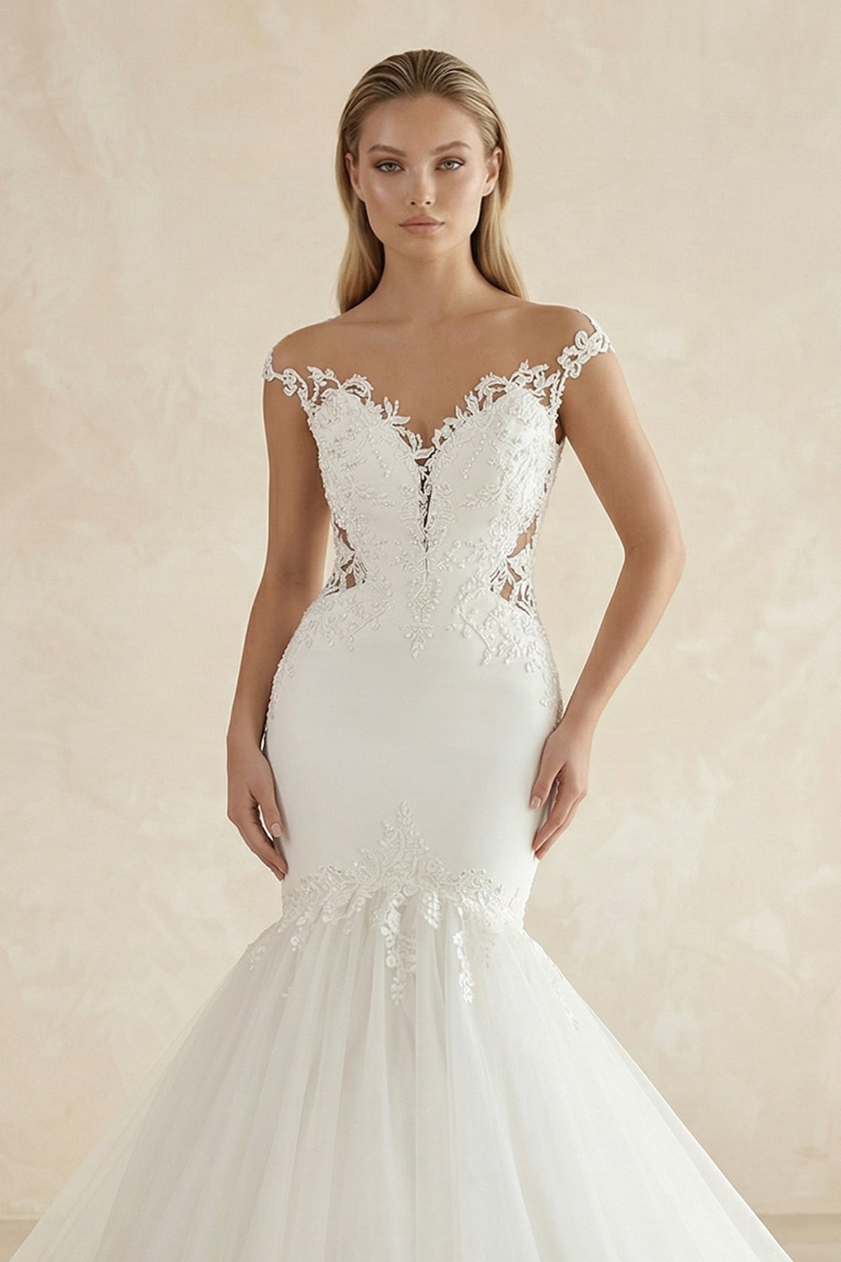 Sexy Mermaid Lace and Tulle Appliqued Cap Sleeve Bridal Gown - Curvevia