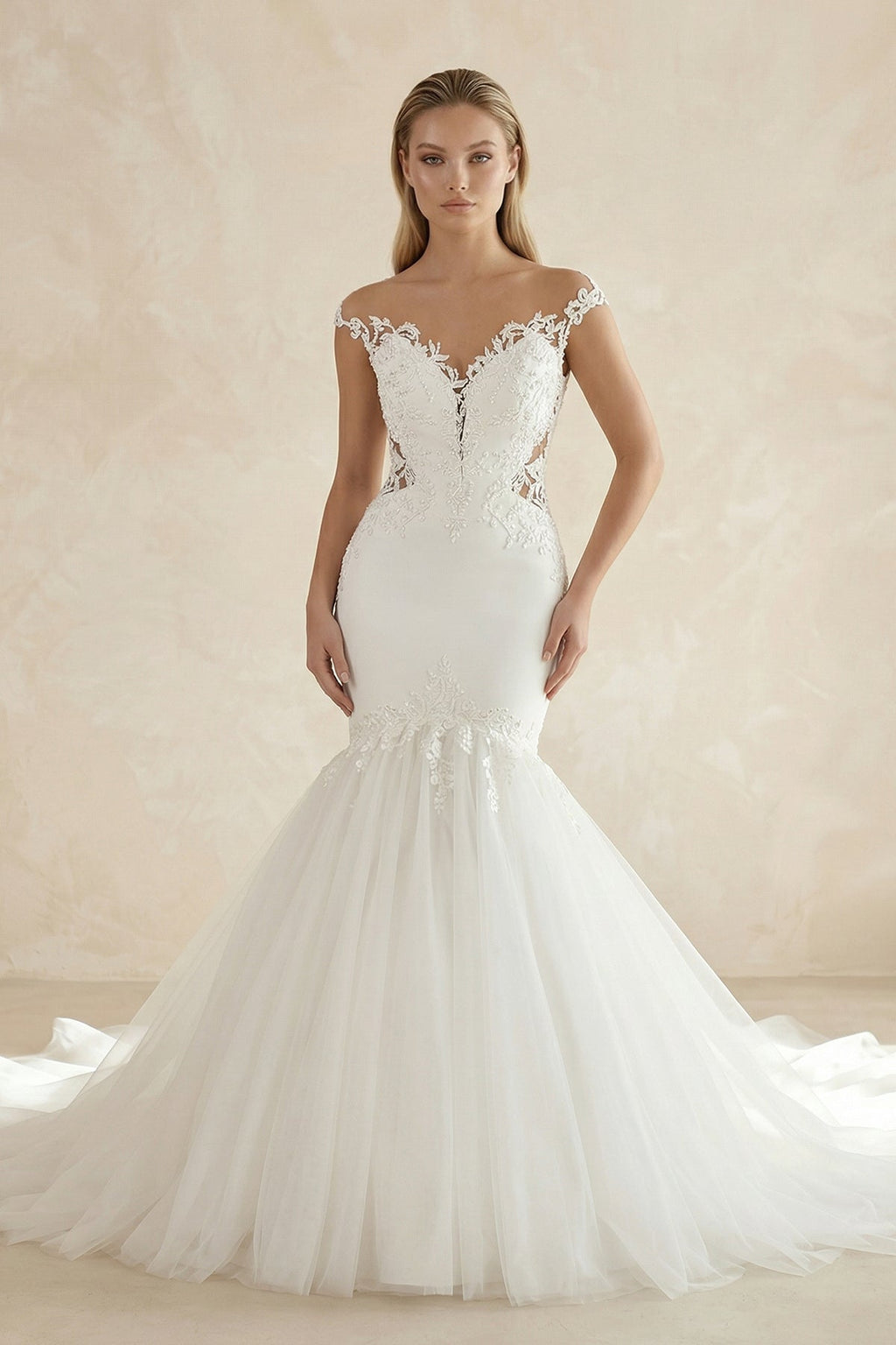 Sexy Mermaid Lace and Tulle Appliqued Cap Sleeve Bridal Gown - Curvevia