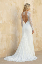 Vintage Sheath Satin V-neck Mermaid Long Sleeve Wedding Dress - Curvevia