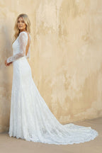Vintage Sheath Satin V-neck Mermaid Long Sleeve Wedding Dress - Curvevia