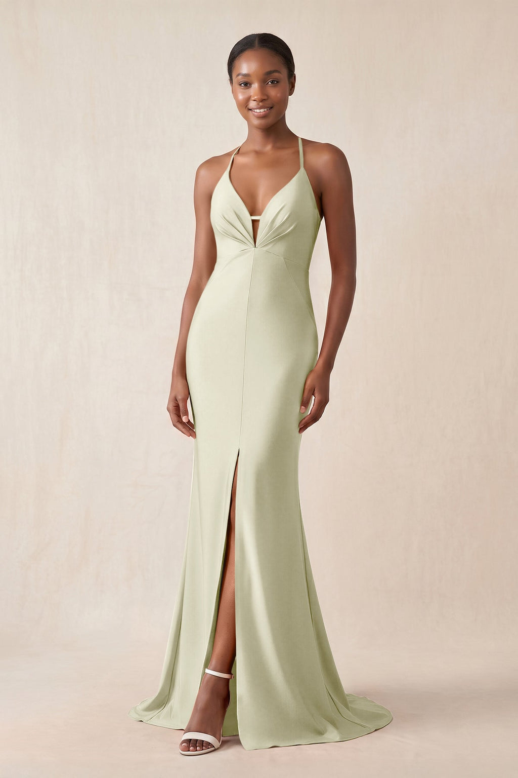 Mermaid V-Neck Satin Bridesmaid Dress With Slit in Frost - Curvevia