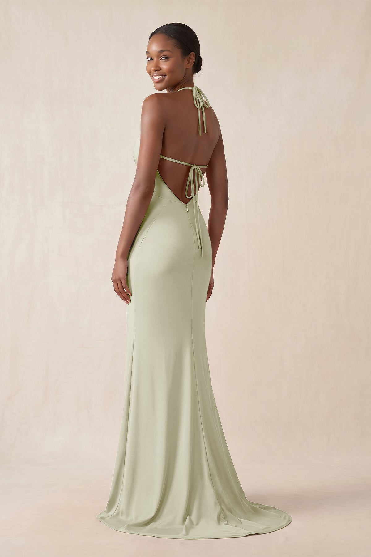Mermaid V-Neck Satin Bridesmaid Dress With Slit in Frost - Curvevia