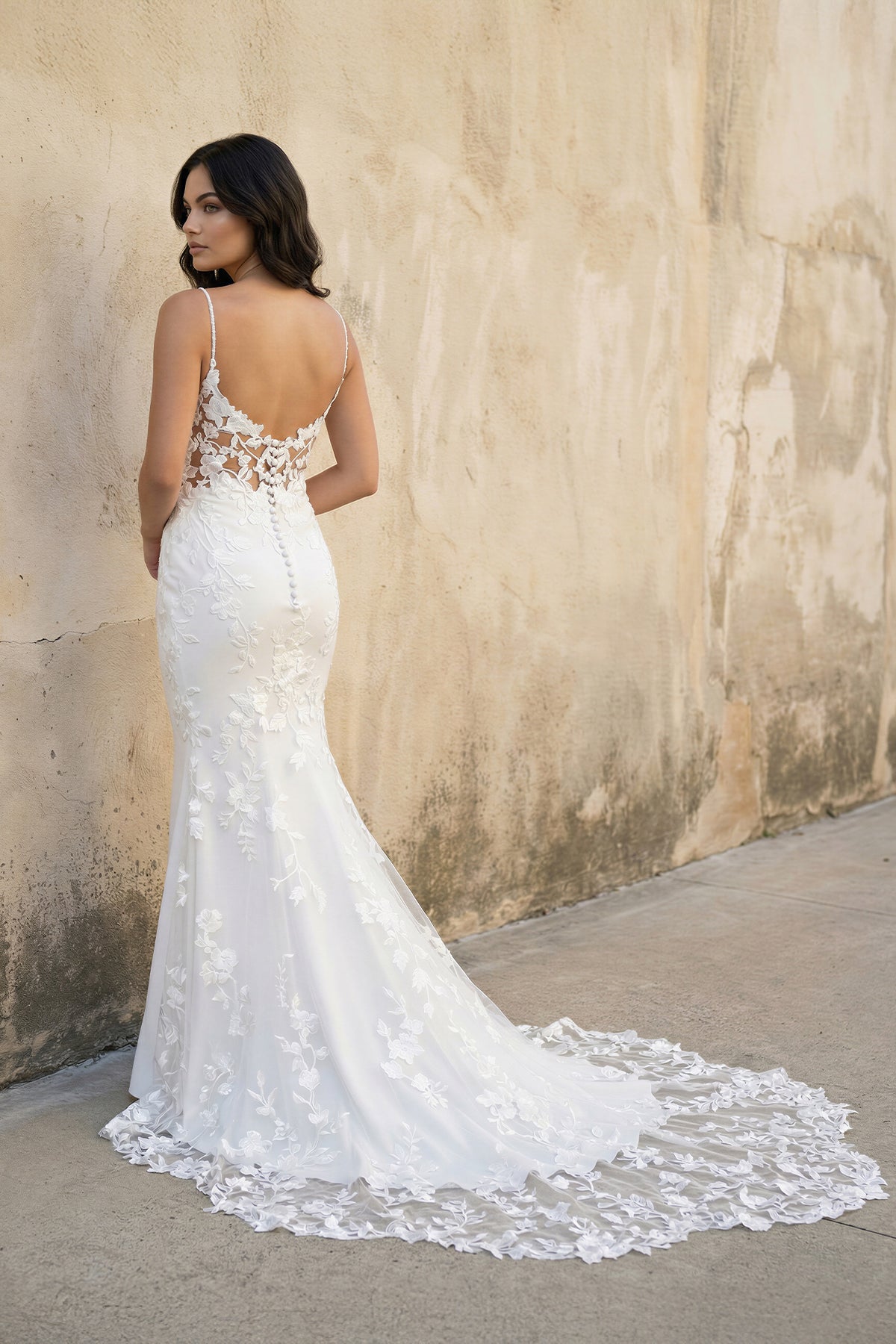 Sexy Satin V-Neck Spaghetti Straps Illusion Lace Applique With Mermaid Lace Train Wedding Dress - Curvevia