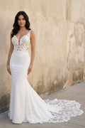 Sexy Satin V-Neck Spaghetti Straps Illusion Lace Applique With Mermaid Lace Train Wedding Dress - Curvevia