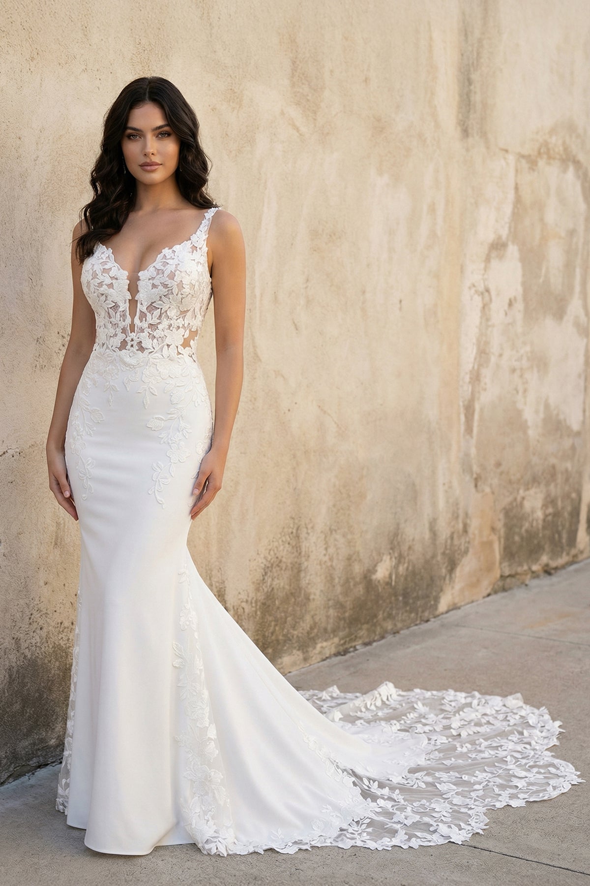 Sexy Satin V-Neck Spaghetti Straps Illusion Lace Applique With Mermaid Lace Train Wedding Dress - Curvevia