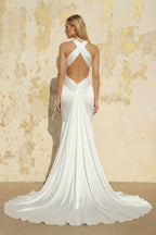 Mermaid V-Neck Sleeveless Sweep Train Silk Like Satin Wedding Dresses - Curvevia