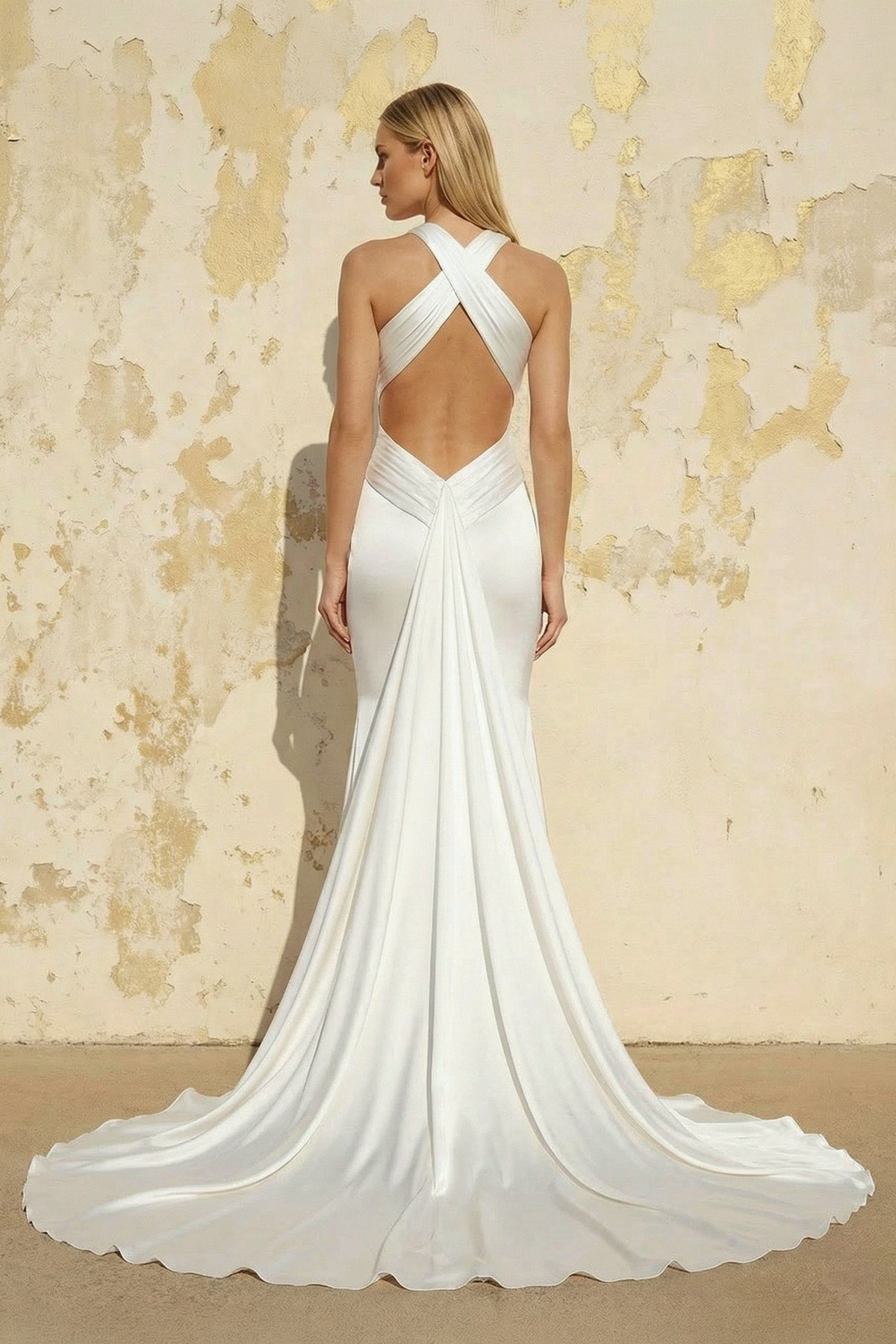 Mermaid V-Neck Sleeveless Sweep Train Silk Like Satin Wedding Dresses - Curvevia