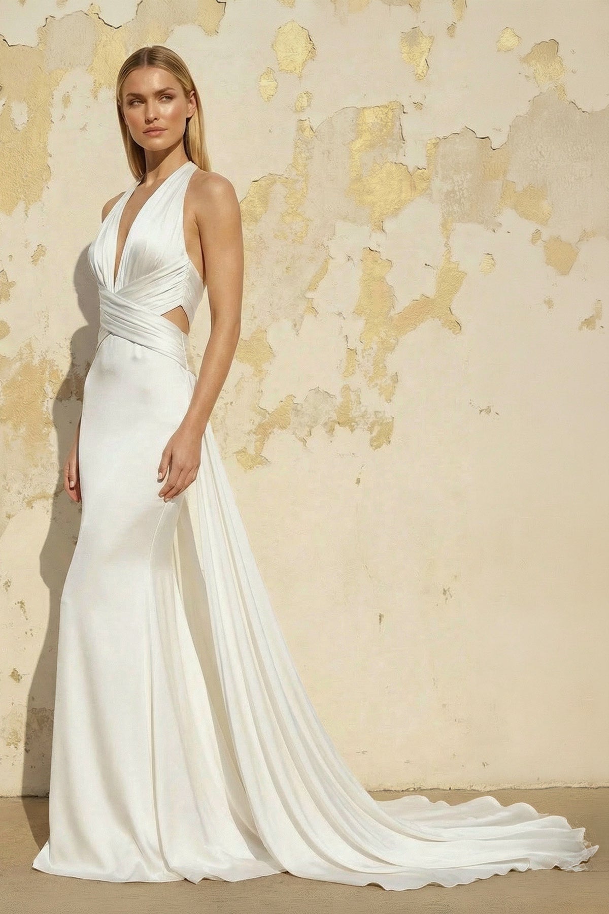 Mermaid V-Neck Sleeveless Sweep Train Silk Like Satin Wedding Dresses - Curvevia