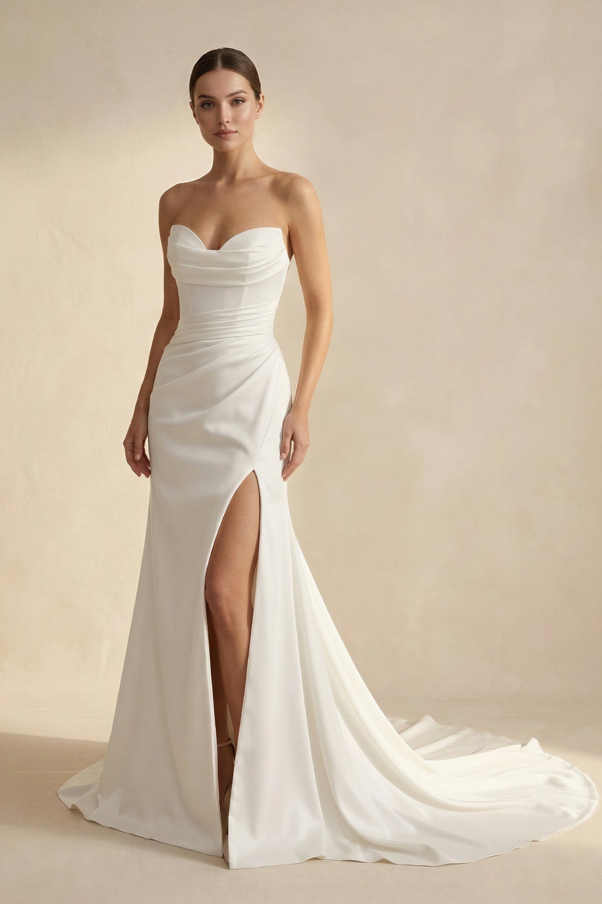 Mermaid Strapless Satin Long Wedding Dress With Slit - Curvevia