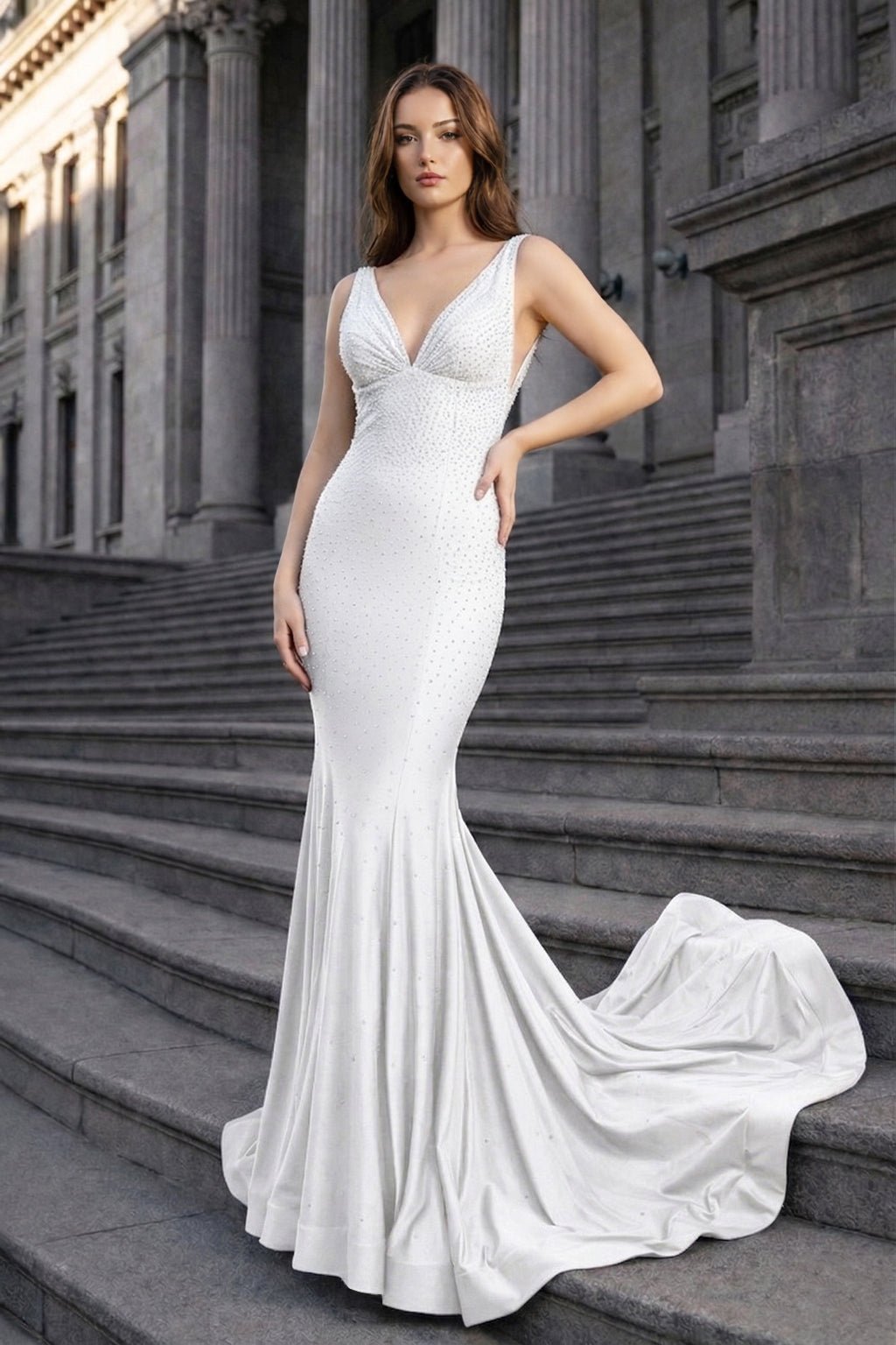 Mermaid Deep V-Neck Beaded Satin Long Evening Dress - Curvevia