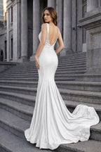 Mermaid Deep V-Neck Beaded Satin Long Evening Dress - Curvevia