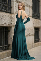 Black Spaghetti Straps High Slit Mermaid Satin Pleated Prom Dress - Curvevia