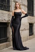 Black Spaghetti Straps High Slit Mermaid Satin Pleated Prom Dress - Curvevia