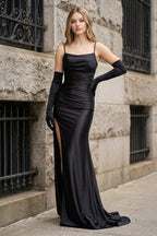 Black Spaghetti Straps High Slit Mermaid Satin Pleated Prom Dress - Curvevia