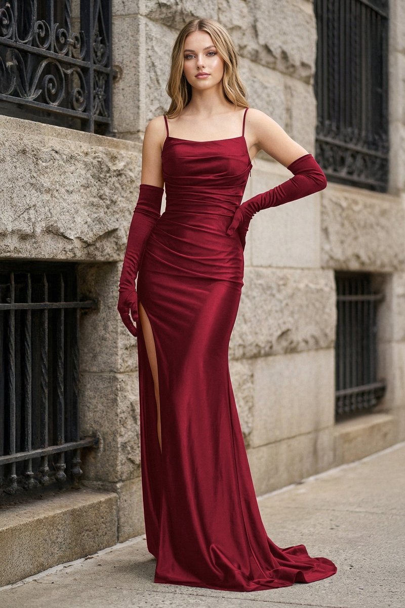 Black Spaghetti Straps High Slit Mermaid Satin Pleated Prom Dress - Curvevia
