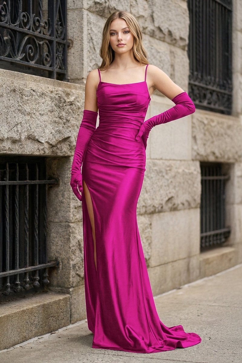 Black Spaghetti Straps High Slit Mermaid Satin Pleated Prom Dress - Curvevia