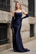 Black Spaghetti Straps High Slit Mermaid Satin Pleated Prom Dress - Curvevia