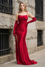 Black Spaghetti Straps High Slit Mermaid Satin Pleated Prom Dress - Curvevia