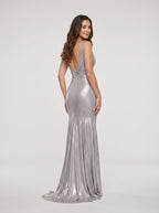 Metallic Silver Satin Sheath V-Neck Backless Floor-Length Dress - Curvevia