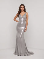 Metallic Silver Satin Sheath V-Neck Backless Floor-Length Dress - Curvevia