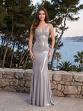 Metallic Silver Satin Sheath V-Neck Backless Floor-Length Dress - Curvevia