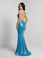 Peacock Blue Satin Mermaid V-Neck Backless Floor-Length Dress with Rhinestone Trim - Curvevia