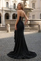 Mermaid Strapless Asymmetrical Beaded Long Evening Dress with Slit - Curvevia