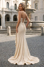 Mermaid Strapless Asymmetrical Beaded Long Evening Dress with Slit - Curvevia
