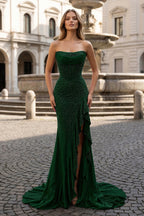 Mermaid Strapless Asymmetrical Beaded Long Evening Dress with Slit - Curvevia