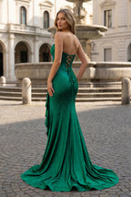 Mermaid Strapless Asymmetrical Beaded Long Evening Dress with Slit - Curvevia