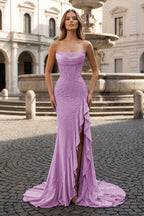 Mermaid Strapless Asymmetrical Beaded Long Evening Dress with Slit - Curvevia